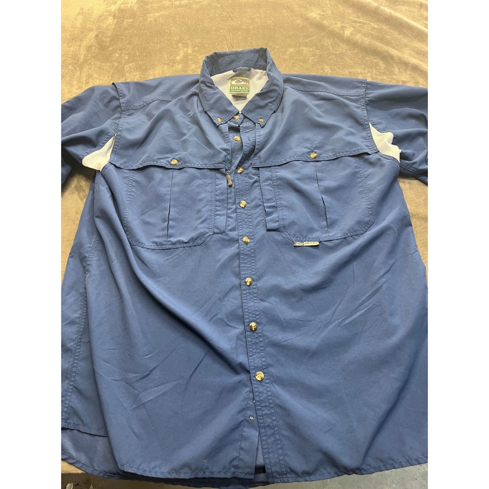 Drake Waterfowl Mens XL‎ Blue Short Sleeve Ventilated Fishing Shirt Pockets Navy